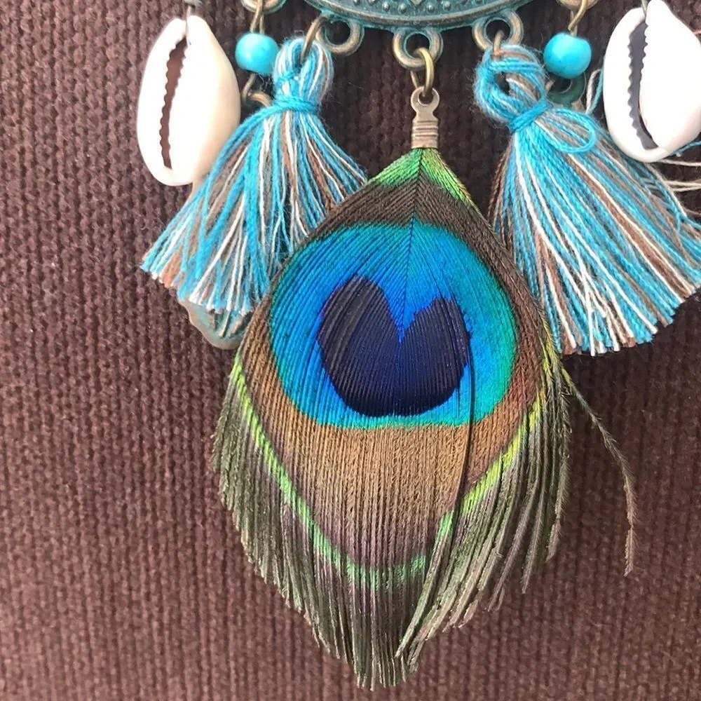 Peacock Feather & Cowrie Shell Necklace with Turquoise Color Beads